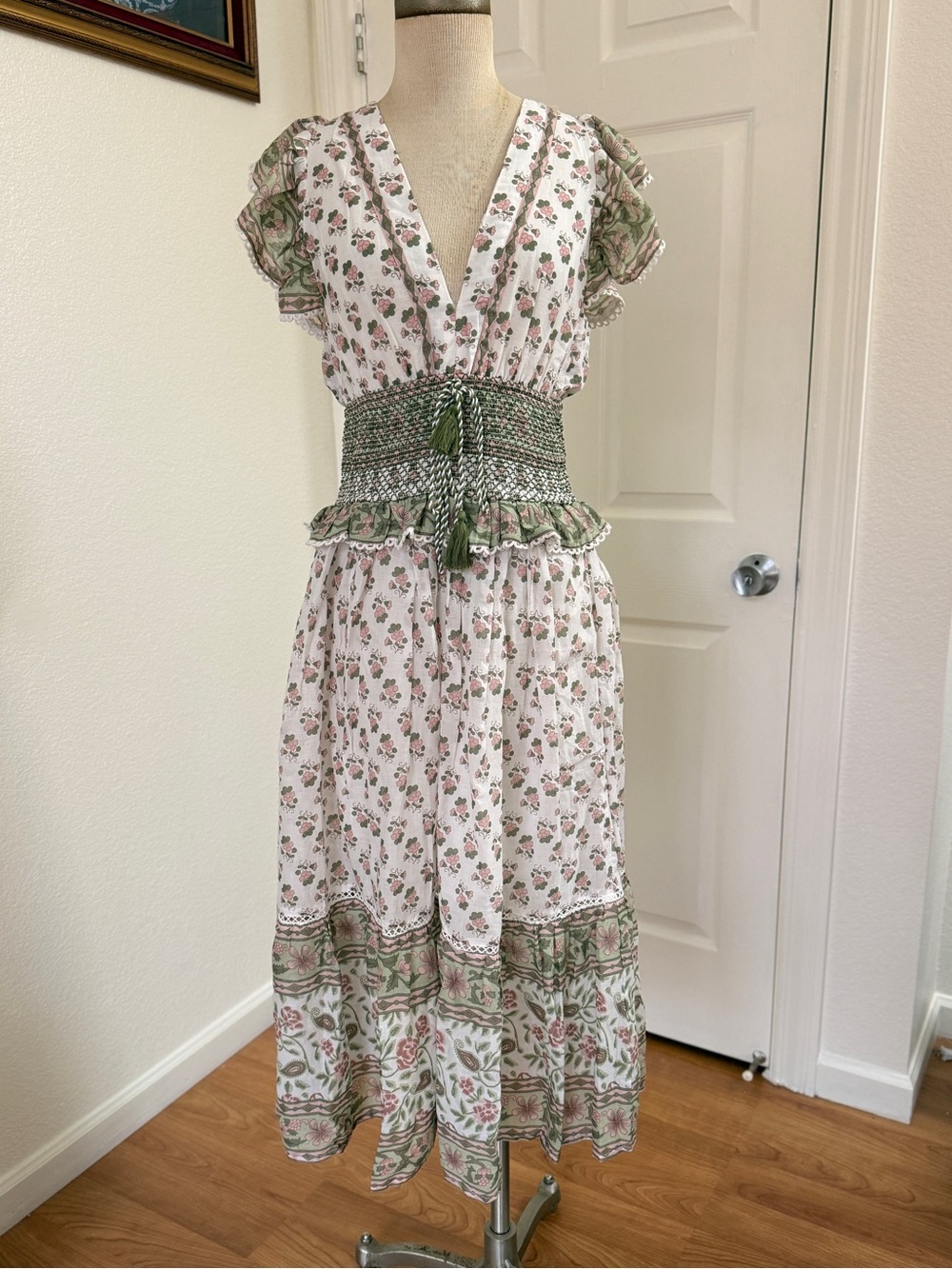 Anthropologie White Floral Midi Dress with Green Accents